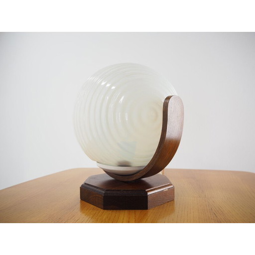 Vintage round table lamp in wood and glass, Czechoslovakia 1970