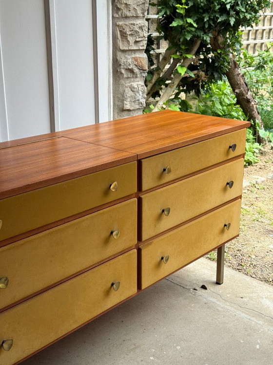 Image 1 of Enfilade commode coiffeuse Roger Landault années 50/60 suédine jaune