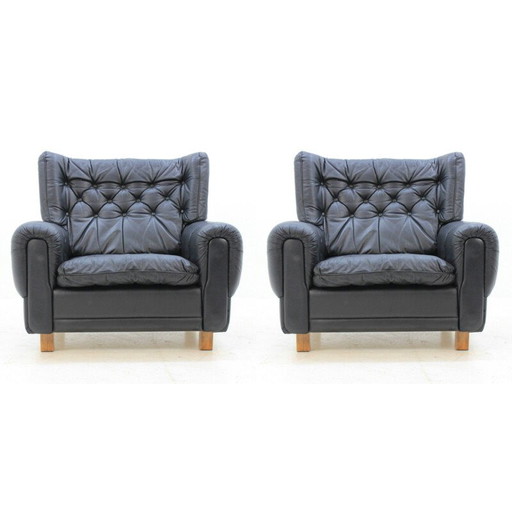 Ensemble de 2 fauteuils vintage en cuir noir 1970