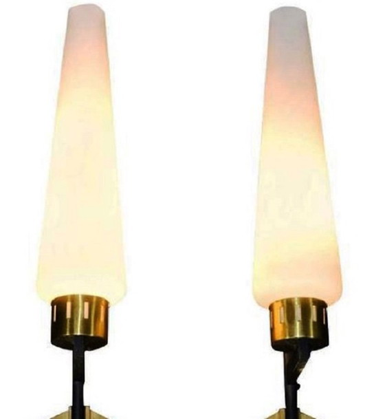 Image 1 of Pair of Brass and Opaline Glass Wall Lights, Stilnovo Period, Italy 1940s-50s