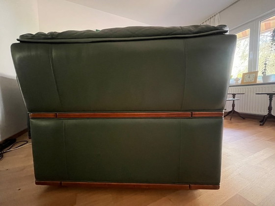 High-quality Jean Roche leather sofa + 2 armchairs – French designer furniture in green – Couches, Wood (photo 3 of 10)