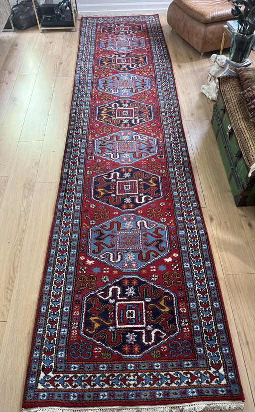 Vintage handgeknüpfter Kasak-Läufer – 414 × 98 cm – 1970er Jahre