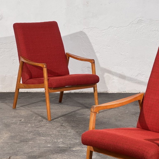 Pair of Jiří Jiroutek Red Armchairs, 1960s – Jiri Jiroutek, Textile, Wood (photo 2 of 10)