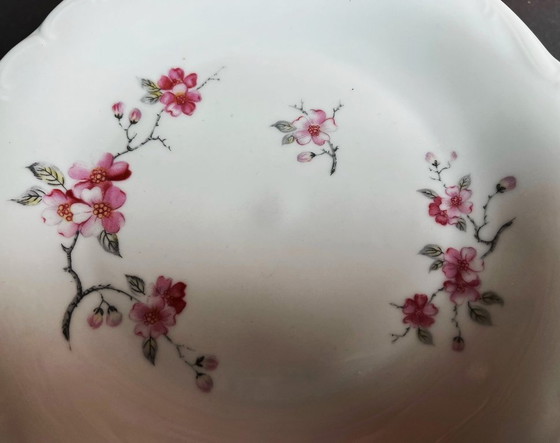Image 1 of 12 borden en 1 serveerschaal, wit porselein met roze appelbloesemmotieven, Sologne porselein
