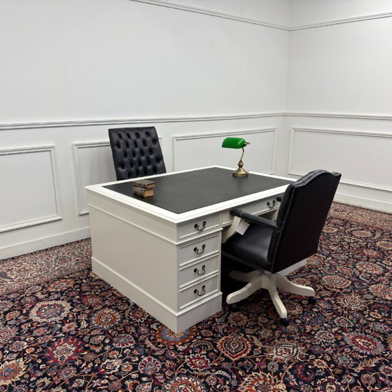 Classic English White Desk Partnerdesk – Wood, Leather (photo 2 of 18)