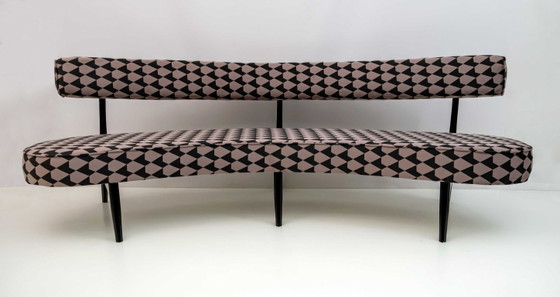 Curved Bench with Black and Beige Geometric Pattern, Kagan, Benches, Textile, Velvet, Mid Century Modern (photo 3 of 12)