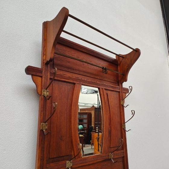 Image 1 of Porte-manteau ancien, porte-manteau sur pied avec miroir, mobilier d'entrée