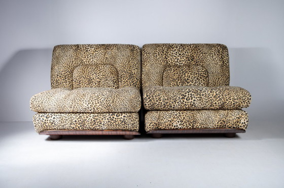 Image 1 of Sedie italiane con struttura in legno e tessuto leopardato, Italia anni '80 (2 disponibili)