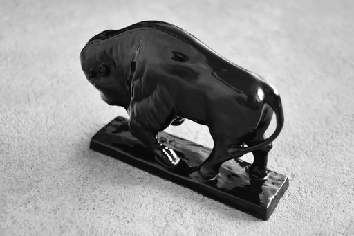 Vintage Mid-Century Scandinavian Modern Black Large Porcelain Bison Figurine, 1960s