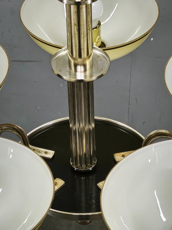 Image 1 of Lustre Art Déco tchèque des années 1930 en nickel avec abat-jour en verre champagne