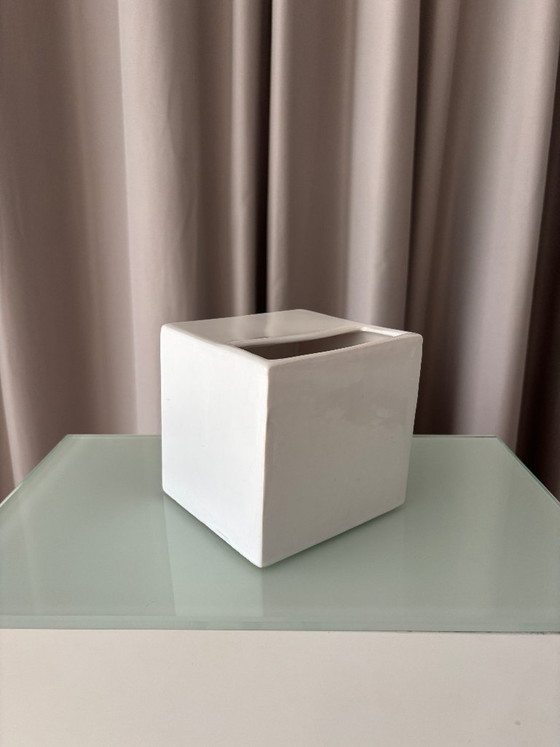 Vintage Minimalist Studio Pottery Cube Vase – White Ceramic (photo 5 of 14)