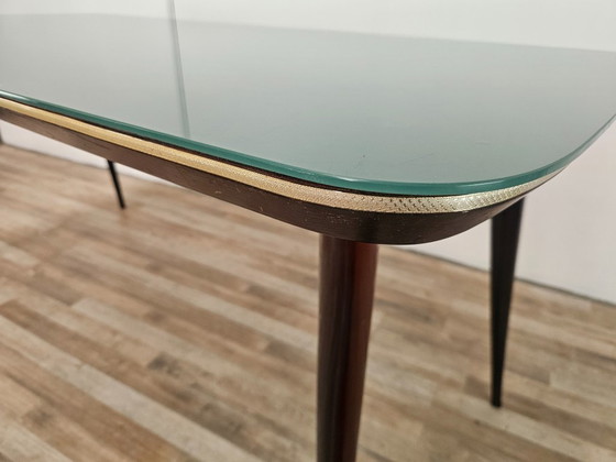Image 1 of Mid-century mahogany dining table with aquamarine glass top