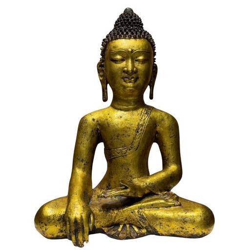 Antiek Chinees Gietijzeren Vergulde Boeddha – 18e/19e Eeuw – Bhumisparsha Mudra – Museumkwaliteit Gietwerk