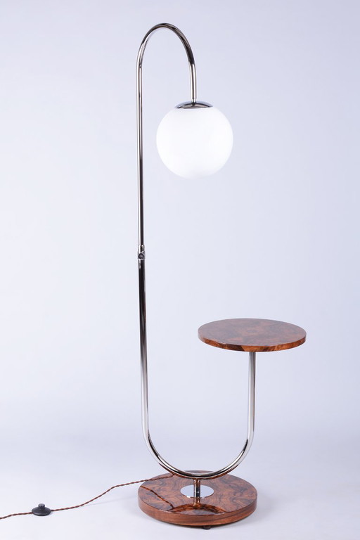 Lampada da terra Art Déco restaurata, di J. Halabala per UP Závody, Noce, Ceca, anni '30