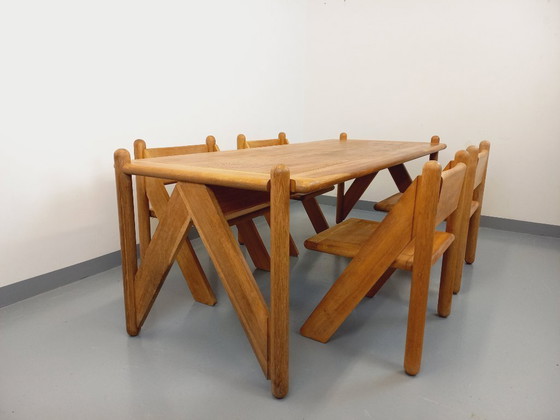Image 1 of Exceptional suite of a large rectangular table and 4 vintage Brutalist chairs in solid oak from the 60s