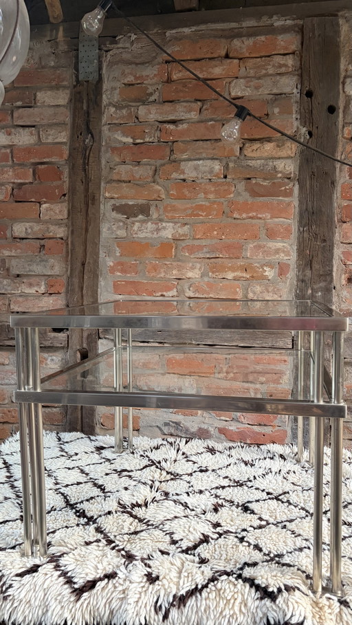 Table d'appoint style Mid-Century, acier brossé, verre, designer