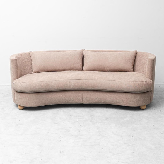 Divano curvo vintage in tessuto marrone – design italiano anni '70 modernariato – Sofà, Wood (photo 4 of 12)