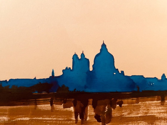 Image 1 of Acuarela bicolor firmada "Crepúsculo sobre Venecia"