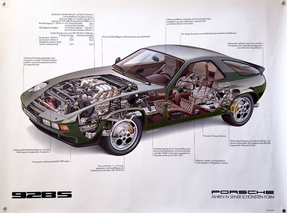 Image 1 of Originele vintage Porsche 928 S doorsnede poster uit begin jaren 80 / plakat - XL 76 × 102 cm