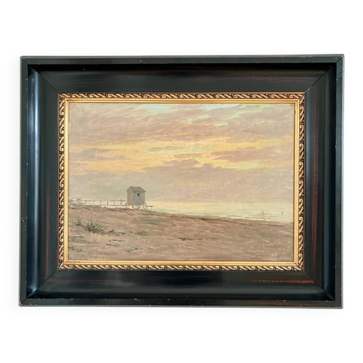 Peinture à l'huile originale vintage représentant une marine, signée, art de plage