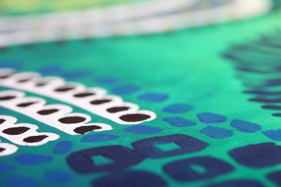 Image 1 of Modern abstract green, yellow, purple and orange mixed media painting