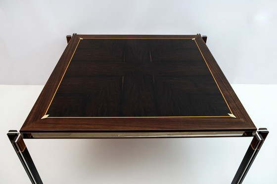 Image 1 of Table de salle à manger italienne en acier et bois incrusté de Paolo Barracchia par Roman Deco, 1978