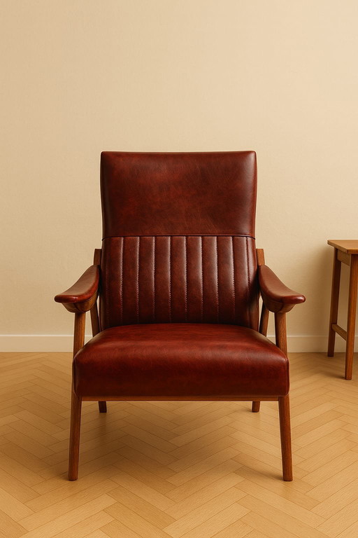 Fauteuil vintage rouge bordeau et bois