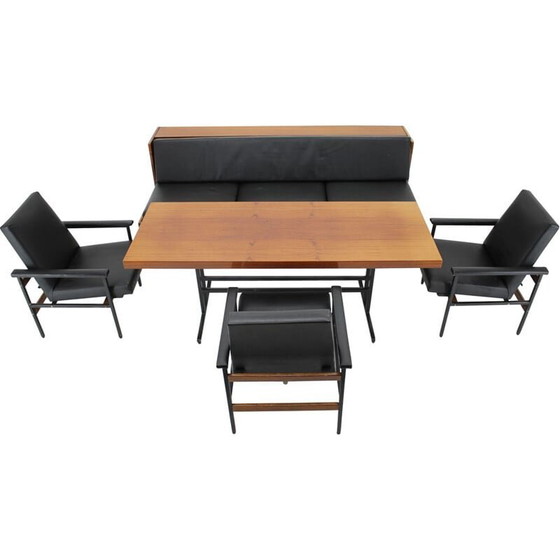 Image 1 of Vintage adjustable black leatherette living room set, Czechoslovakia 1970s