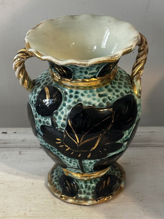 Pair of vintage Vallauris vases in turquoise ceramic, black flowers and gold trim (photo 7 of 9)
