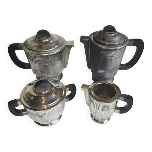 Juego de té y café Art Déco de metal plateado y baquelita, década de 1930. – tafelaccessoires, Plastic, Silver