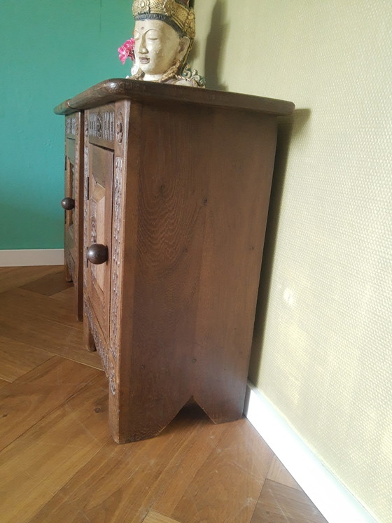 Unieke Set Handgemaakte Antieke Arts&Crafts Art-Nouveau Eikenhouten Kastjes Halkastjes Nachtkastjes, (photo 4 of 15)