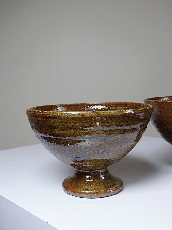 Image 1 of Pair of vintage pyrity stoneware footed bowls in the Baudat La Borne style from the 60s and 70s