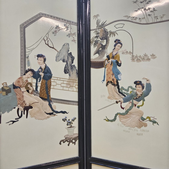 Vintage Chinees Dubbelzijdig Kamerscherm Dames In Landschap / Oosters / Aziatisch / Bohemian Paravent (photo 5 of 15)