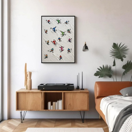 Schilderij met skiërs, veelkleurig, Schilderijen & Tekeningen, Papier, Meerdere kleuren, Modern (foto 3 van 6)
