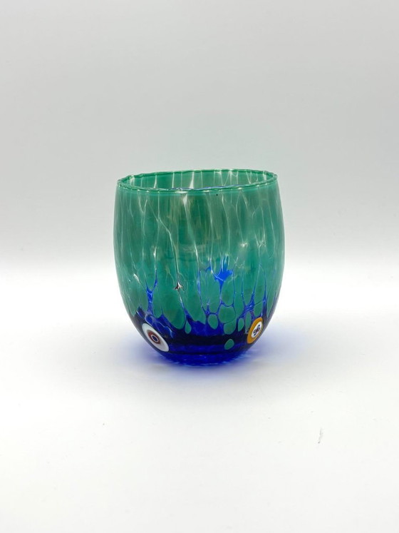 Image 1 of Set van 6 Venetiaanse glazen van geblazen glas met Murano-effect (murrine) in het glas verwerkt, handgemaakt in Italië.