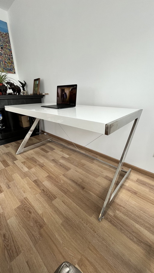 Bureau de direction design chrome et blanc - 150×70 cm, moderne minimaliste