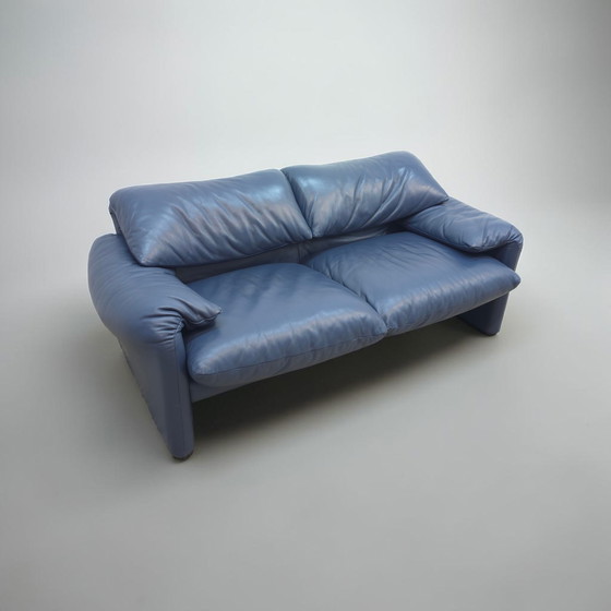 Image 1 of Cassina Maralunga Two-Seater Blue Designer Sofa Leather Sofa Couch Magistretti