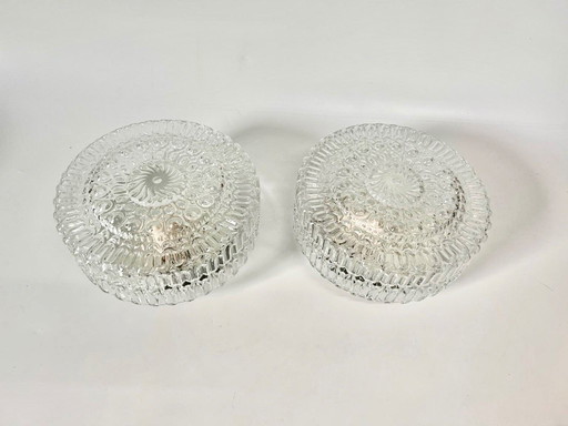 Set van 2 Vintage Plafondlamp Helder Rond Bewerkt Glas Seventies