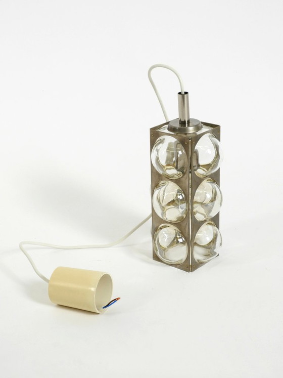 Image 1 of Beautiful 1960s Space Age pendant lamp by Temde, made of glass and nickel-plated metal