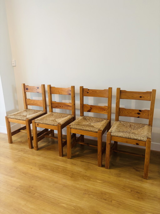 Chaises de salle à manger en pin et jonc Mid Century