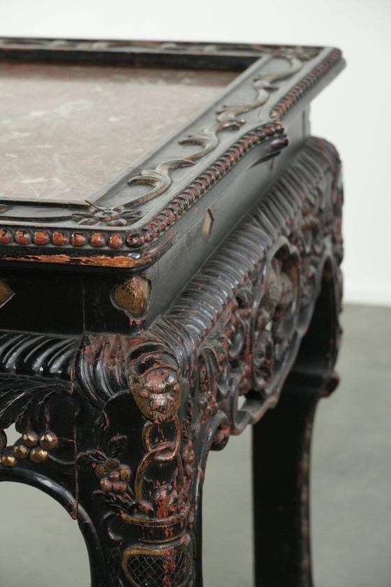 Image 1 of Schitterende niet veel voorkomende kleurrijke antieke Chinese 19e eeuwse houten sidetable/ opiumtafel met een marmeren blad