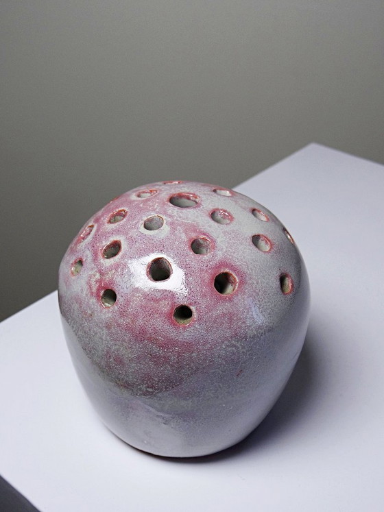 Image 1 of Glazed terracotta flower frog signed PB 86, vintage 1980s