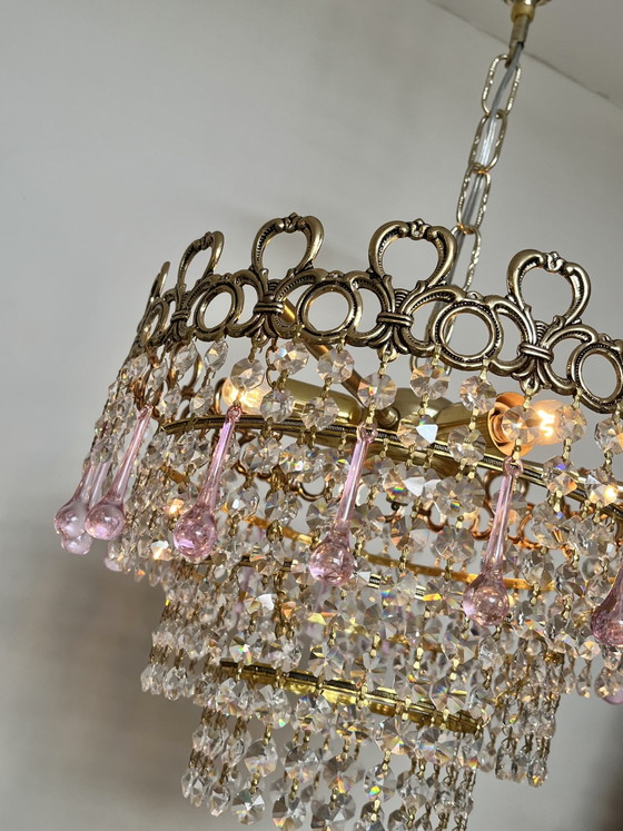 Image 1 of Lustre vintage rose en forme de larme, suspension en cristal de Murano
