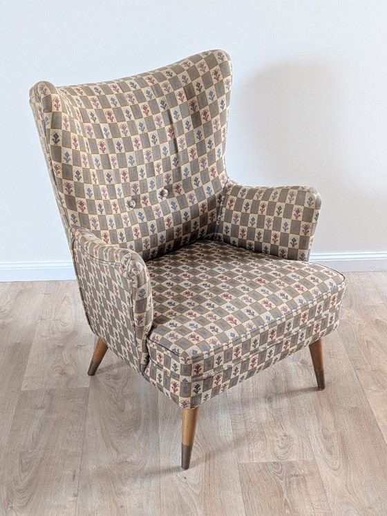 Vintage 1950s Belgian Wingback Armchair – Original Graphic Upholstery & Compass Legs – Brass, Wood (photo 6 of 12)