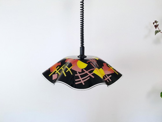 Image 1 of Vintage 1980s Memphis Design Pendant Light / Postmodern Geometric Pull Down Lamp / Roly Poly Spiral Cable Chandelier / Retro Era