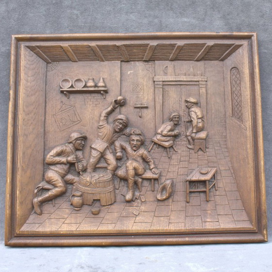 Image 1 of Faux Wood Carved Wall Panel 18 x 15 inch drunk men in an old pub 45,5 x 38 cm Vintage Home Decor wall art architectural salvage