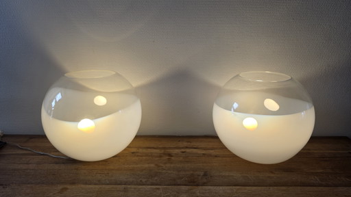 Two vintage Ilu opaline glass globe lamps – Italy, 1970s
