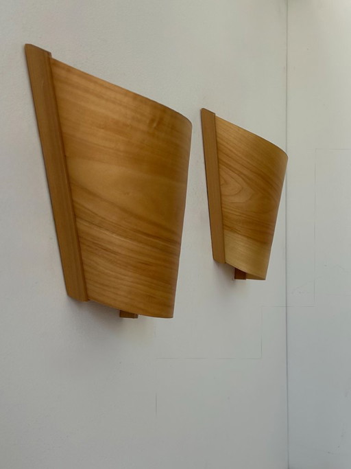 Pair of vintage wall sconces, pine slat, France, 1970