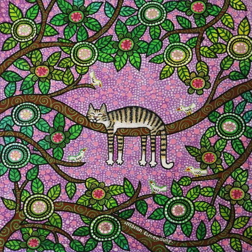 Handgeschilderd Schilderijtje Kat & Vogeltjes Nieuw 20x20 cm