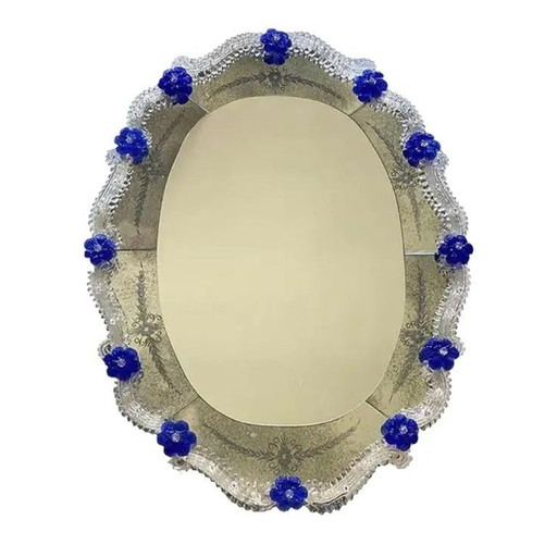 Hand-Carved Venetian Oval Mirror in Murano Glass Style, Early 21st Century